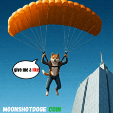 a dog is flying through the air on a parachute with a speech bubble that says give me a like