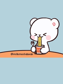 a cartoon drawing of a bear eating noodles from a cup