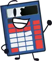 a blue and red calculator with arms and legs is smiling