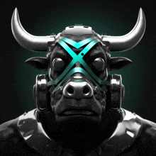 a bull wearing headphones and a mask with an x on it 's face