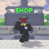 a cartoon character standing in front of a shop sign