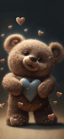 a teddy bear is holding a blue heart with hearts surrounding it