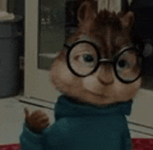 a chipmunk wearing glasses and a blue sweater is waving .