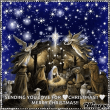 a nativity scene with the words `` sending you love for christmas !! merry christmas ! ''