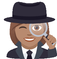 a woman wearing a hat and a suit is looking through a magnifying glass