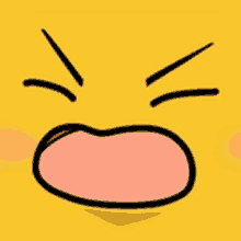 a yellow cartoon face with a pink mouth and eyes