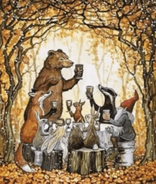 a painting of a group of animals toasting with wine glasses in the woods