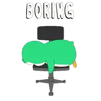 a cartoon of a penguin laying on an office chair with the word boring written above it .