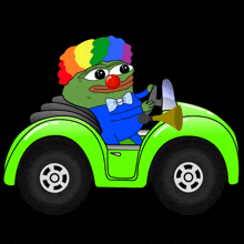a cartoon clown is driving a green car