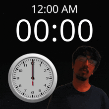 a man stands in front of a wall clock that says 12:00 am
