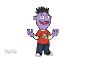 a cartoon character with a purple face and a red shirt has his pants pulled up .