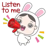 a girl in a bunny costume is holding a red megaphone with the words listen to me below her