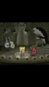 spongebob plays a guitar in front of some flowers