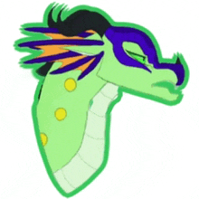 a drawing of a green dragon with a purple head and wings