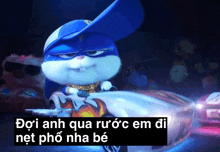 a rabbit in a blue hat is driving a car with a caption in a foreign language