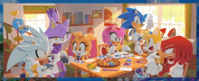 a group of sonic the hedgehog characters sitting around a table playing a game .