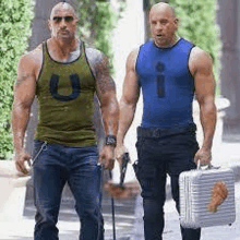 two men are standing next to each other on a sidewalk holding guns and a briefcase .