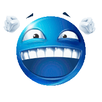 a blue smiley face with white teeth and a big smile