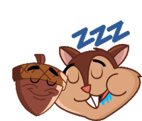 a cartoon drawing of a squirrel sleeping next to an acorn with the word zzz above it