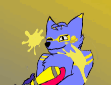 a drawing of a blue and yellow furry animal with a yellow splash on his face