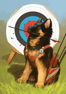 a dog with an arrow in its mouth is sitting in front of a archery target