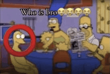 a group of cartoon characters are sitting at a table with a red circle around them .