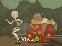 a cartoon of a woman standing next to a box that says viv on it