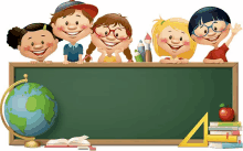 a group of children peeking over a blackboard with a globe and books