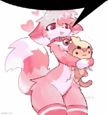 a pink furry is holding a stuffed animal in her arms and talking .