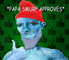 a smurf giving a thumbs up in front of a green background