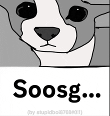 a black and white drawing of a cat with the word soosg written below it