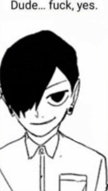 a black and white drawing of a person with the words dude fuck yes written below it .