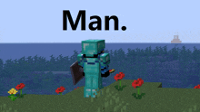 a minecraft character holding a shield with the word man on the top