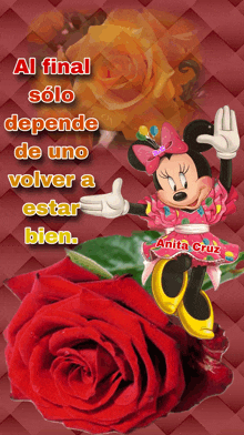 a cartoon of minnie mouse with the words al final solo depende de uno volver a estar bien