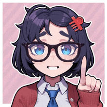 a girl with glasses and a comb in her hair holds up her finger