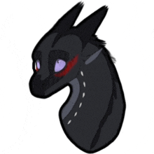 a drawing of a black dragon with purple eyes and red spots on its face .