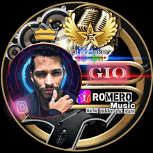 a logo for romero music has a picture of a man in the center