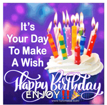 a happy birthday greeting card with a cupcake and candles