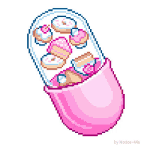 a pixel art of a pink capsule filled with donuts and marshmallows