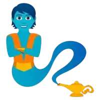 a cartoon illustration of a genie with a long tail coming out of a lamp