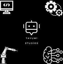 a logo for tayumi studios shows a robot and gears