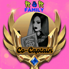 a gold emblem with a woman holding a book of shadows and the name co-captain