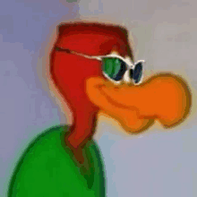 woody woodpecker from looney tunes is wearing sunglasses and a green shirt .