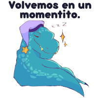 a drawing of a sleeping dinosaur with the words " volvamos en un momentito " written above it