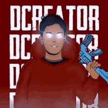 a man in a red hoodie is holding a blue gun in front of a red background that says dccreator