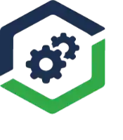 a blue and green hexagon with two gears inside of it on a white background .