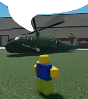 a roblox character stands in front of a green helicopter with a star on the side