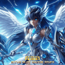 a poster for situs slot gacor shows a girl with wings and a sword