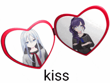 two heart shaped mirrors with two anime girls inside of them and the word kiss below them