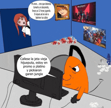 a cartoon of a person playing a video game with a poster of valorant on the wall